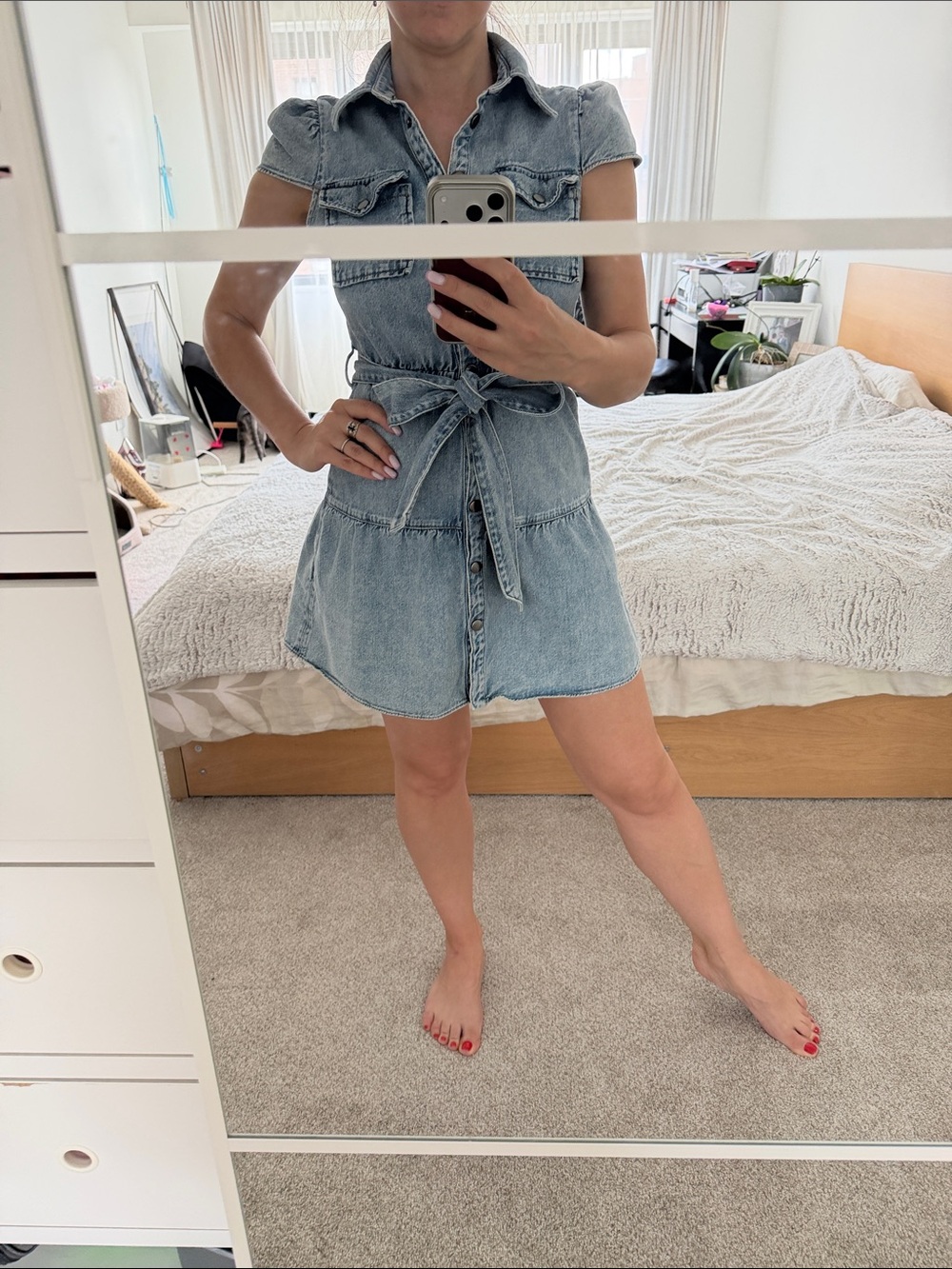 Alice + Olivia Light Blue Denim Shirt Dress with Tie Waist